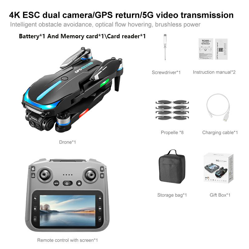 Радиоуправляемый дрон RG806 Max с GPS, 8K HD, двойная камера, 360° обнаружение препятствий, аэрофотосъемка, четырехроторная стабилизация, мониторинг безопасности