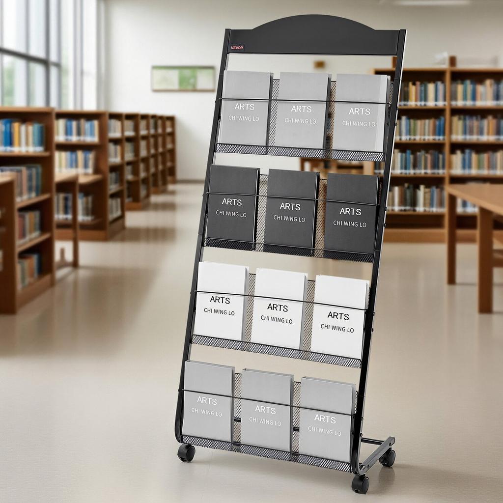 Brochure Display Rack, 4-Tier Magazine Literature Display Stand with Wheels, Movable Floor Standing Magazine Rack, Heavy Duty Newspaper Catalog