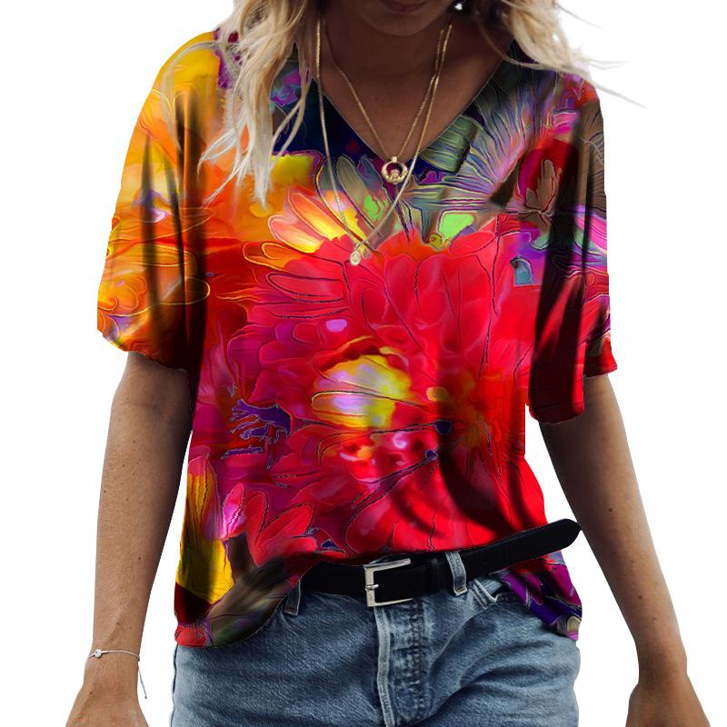 Женские топы с 3D цветочным принтом и коротким рукавом с V-образным вырезом, летние футболки для влюбленных пар