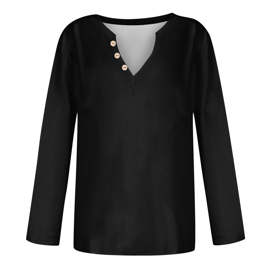 Women's Fashion Casual V-Neck Long Sleeve Loose Soild Printed T-Shirt Ladies Top With Decorative Buttons
