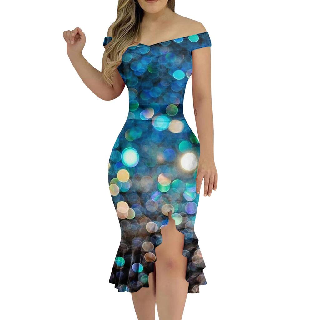 Women's Sexy Dress Off Shoulder Printing Tight  Irregular Bottom Dress