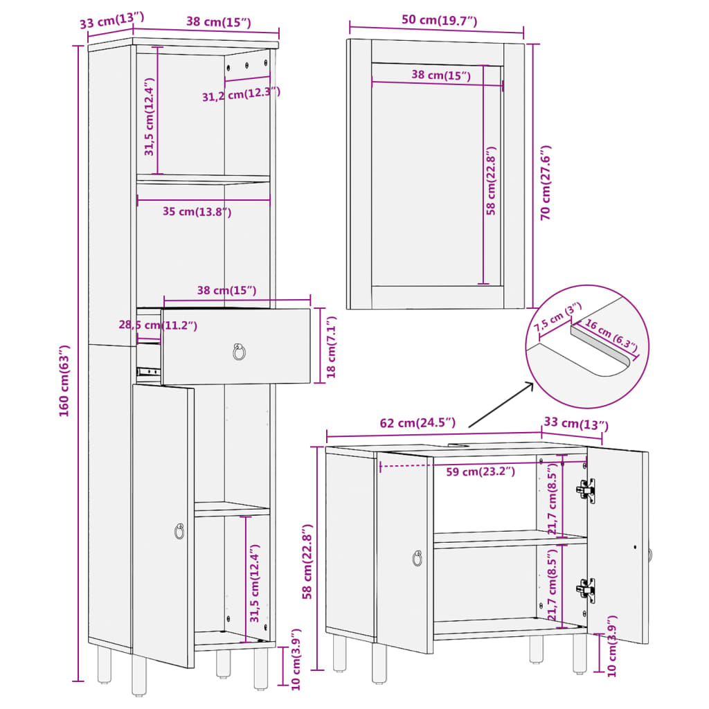3 Piece Bathroom Furniture Set Solid Mango Wood