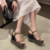 Fashion Summer New 10CM Wedges Women's Sandals Buckle Strap Rivet Studded Model Show Grass Woven Platform Party Office Shoes