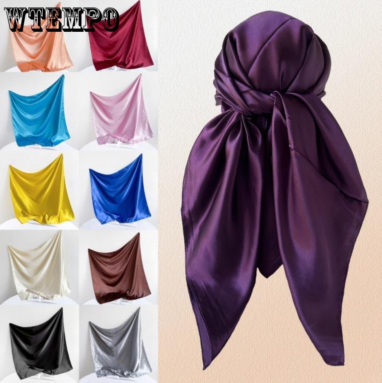 90*90СМ Однотонный Квадратный Шарф для Женщин Шарф и Головной Платок Сатиновый Модный Блестящий Шелковый Шарф