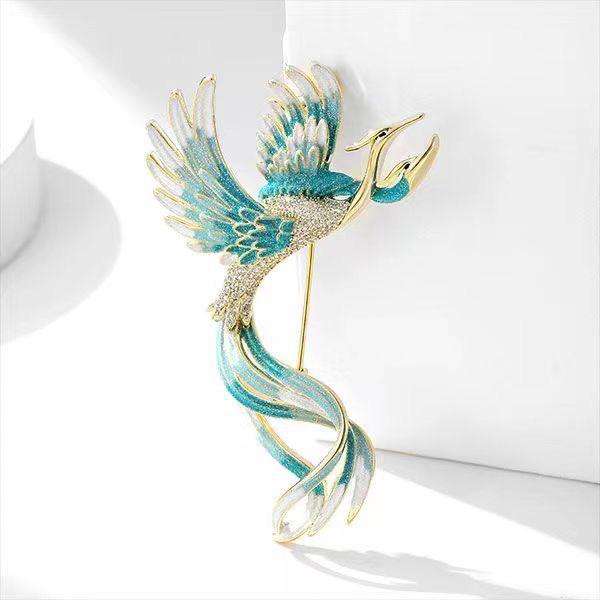 Elegant Phoenix Brooch with Rhinestones and Enamel - Colorful Long-tailed Pin Accessory