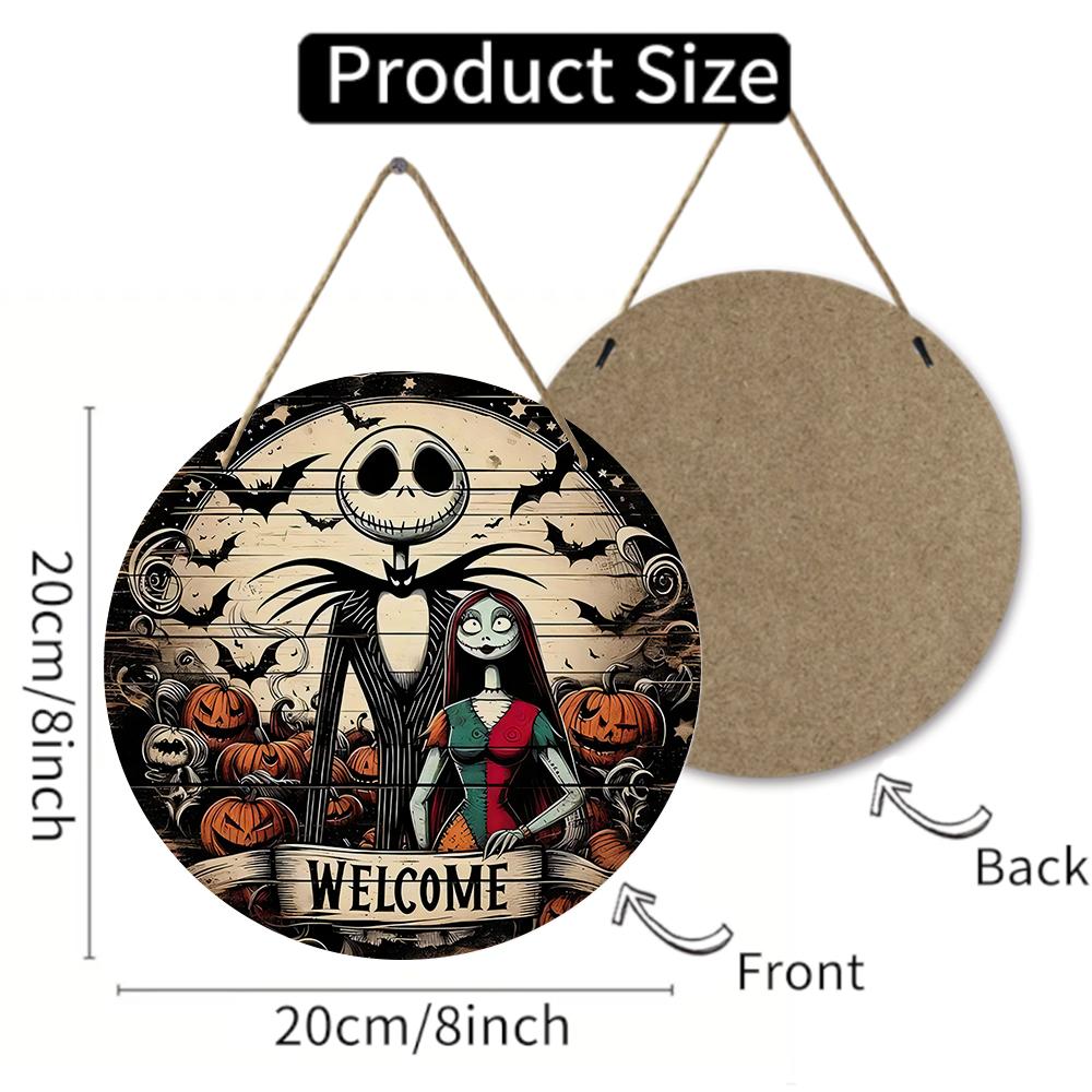 Vintage spooky character design round wooden hanging plaque rustic pumpkin wall decor front door sign aesthetic home holiday decoration party ornament