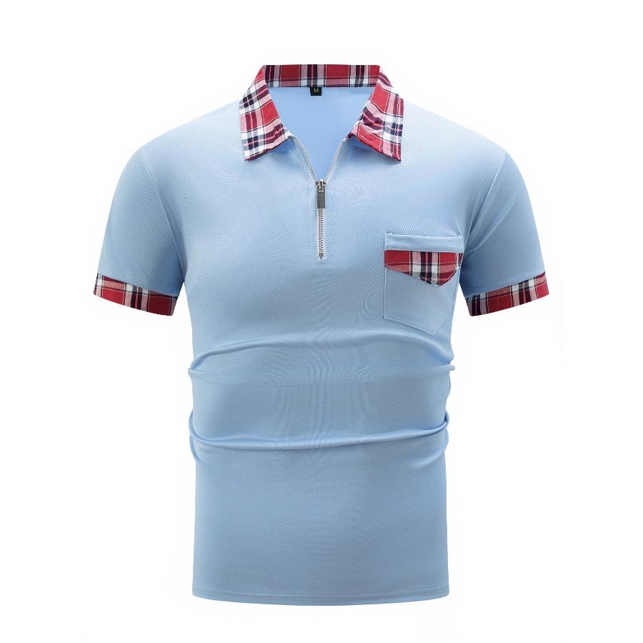 Летняя рубашка поло в клетку, мужская белая, черная, серая, синяя, с карманами на молнии, мужские спортивные рубашки поло с короткими рукавами