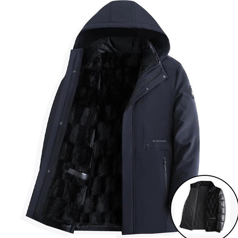 Мужские зимние ветрозащитные теплые куртки средней длины. Новое деловое повседневное пальто с капюшоном и съемной подкладкой из искусственного меха. Утепленная верхняя одежда для мужчин.