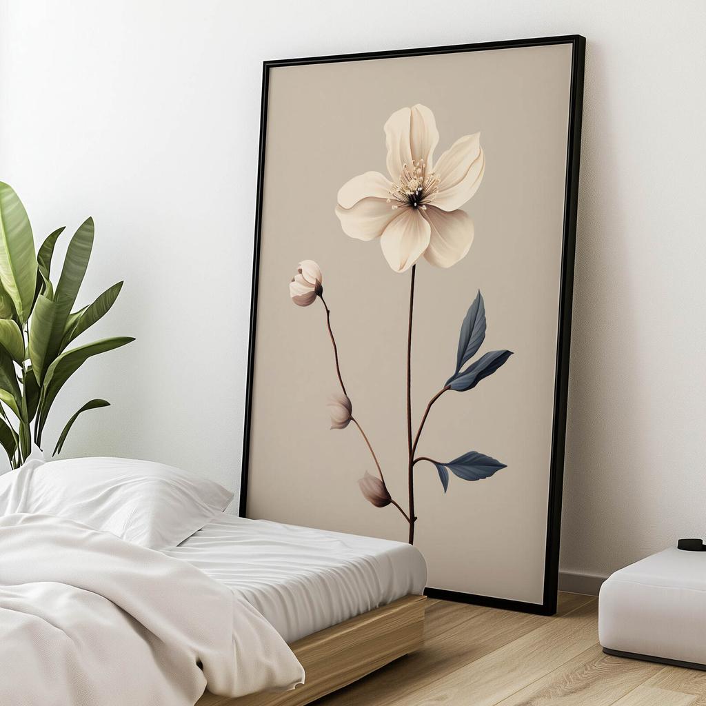 White Anemone - Minimalist Beauty White Anemone - Minimalist Beauty, 30X40 Cm, Dark Brown Wooden Frame, 230 Gsm Matte Paper