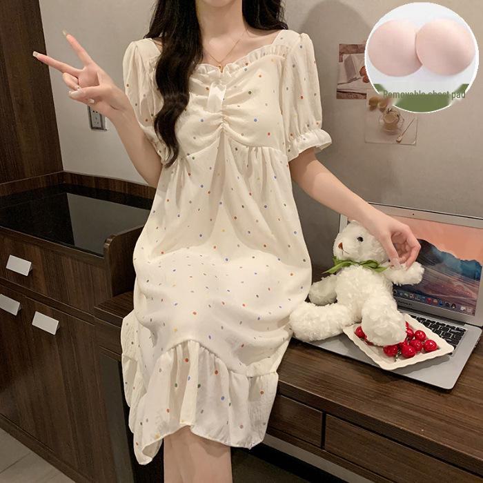 Ночная рубашка с короткими рукавами и нагрудной подкладкой 2024 года – Милый хлопковый облачный стиль в стиле мультяшной принцессы