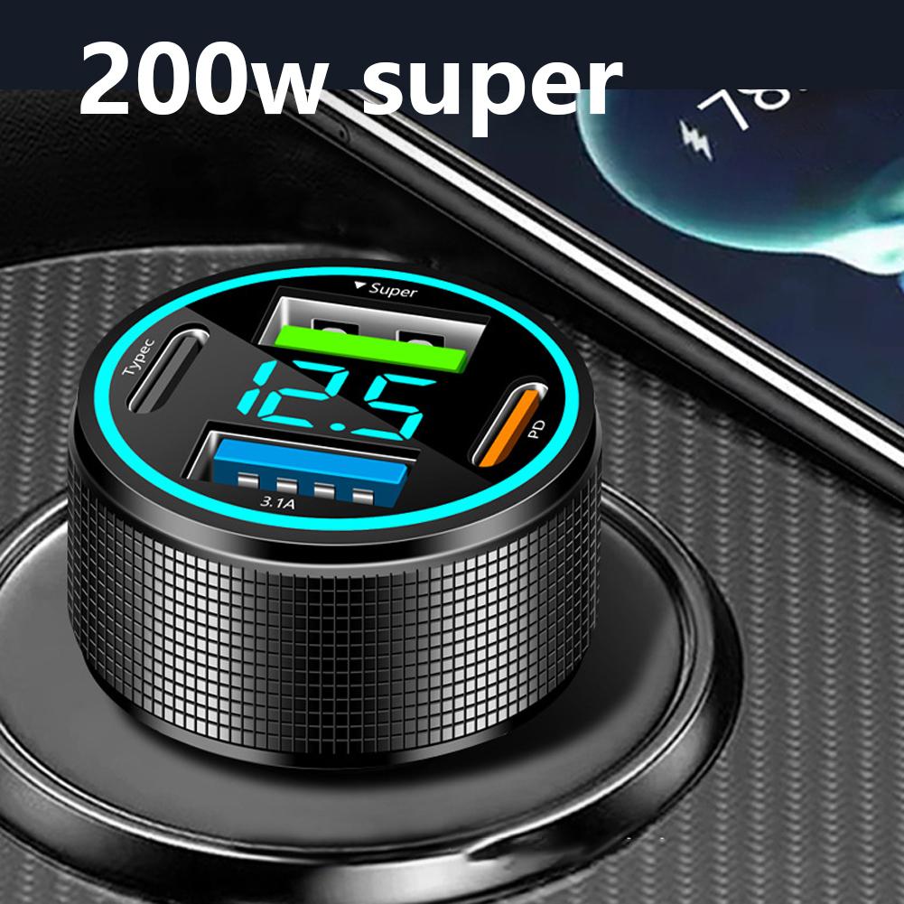 Автомобильное зарядное устройство USB с 4 портами Type C PD 200 Вт Адаптер быстрой зарядки со светодиодным монитором напряжения для iPhone OnePlus Vivo Oppo Z1R1