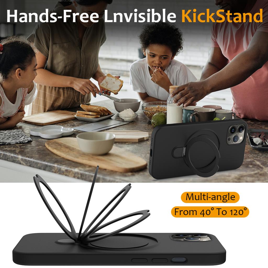 For iPhone 12 Pro Max Magnetic Case PC+Silicone Cover with Ring Kickstand