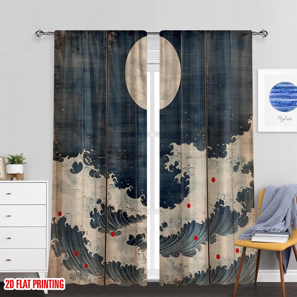 2pcs 2D flat printing Curtains Traditional Wave & Moon (2) Digital Printed Polyester Drapes Festive Holiday Use for Indoor