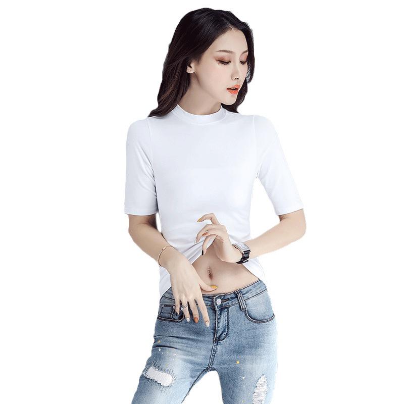 Женская приталенная футболка для похудения: Круглый вырез, V-образный вырез или воротник-стойка; Короткие или рукава три четверти; Базовый топ с полувысоким воротником.