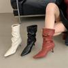 2025 Autumn and Winter New Fashion Versatile Pointed Pleated High Boots Women's Fine Heel Snake Pattern Stack Boots High Heel