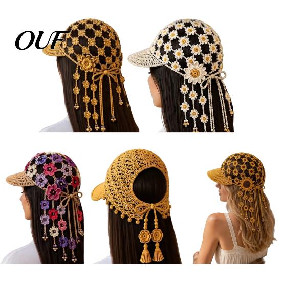Boho Chic Photography Prop Hand Crocheted Sunflower Baseball Cap, Bohemian Tassel Bell Hat, Handmade Knit Cutout Floral Spring Summer Fashion
