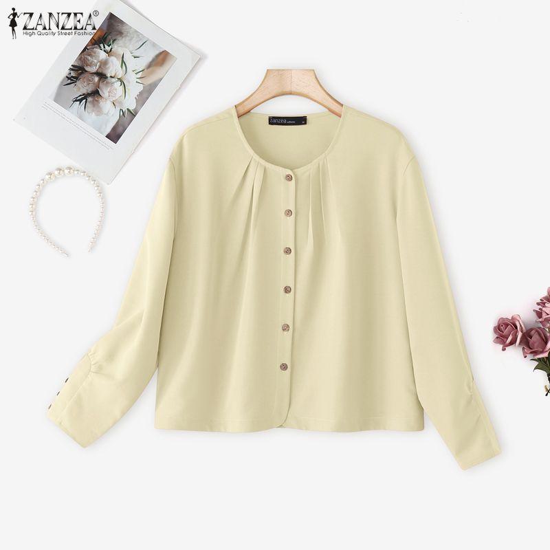 ZANZEA Женская повседневная блузка с круглым вырезом, однотонная, с длинным рукавом, свободного кроя