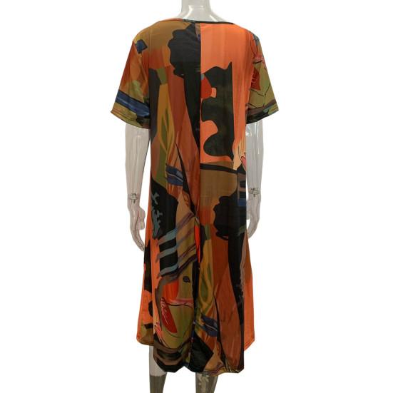 Женское повседневное свободное длинное платье с короткими рукавами и круглым вырезом