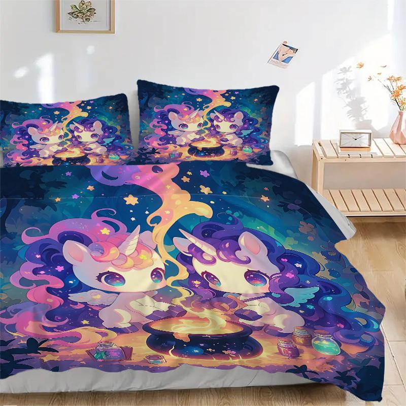3pcs Two Cute Unicorns Printed Duvet Cover Set (1 * Cover+2 * Pillowcase, Without Core), Suitable for Home Bedroom, Guest Room, Dormitory Decorat