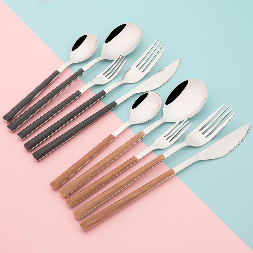 24Pcs Imitation Wooden Handle Cutlery Set Knife Dessert Fork Coffee Spoon Dinnerware Set Gold Kitchen Tableware Stainless Steel Flatware