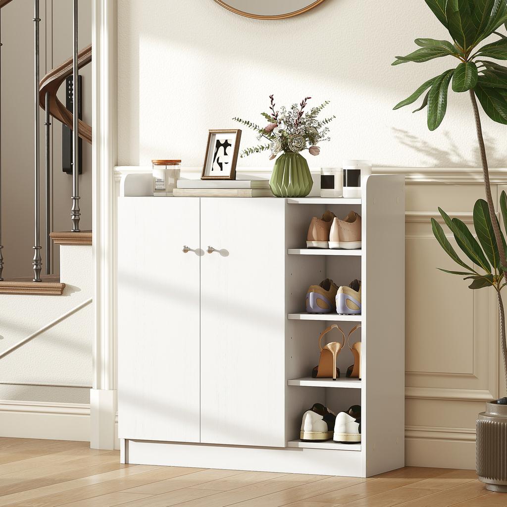 Shoe Rack for 12 Pairs, 4 Open Shelves, 2 Doors, Adjustable Shelves, 83x30x90cm, White