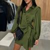 Women's Satin Shirt Dress V Neck Long Sleeve Wrap Dress Casual Tie Waist