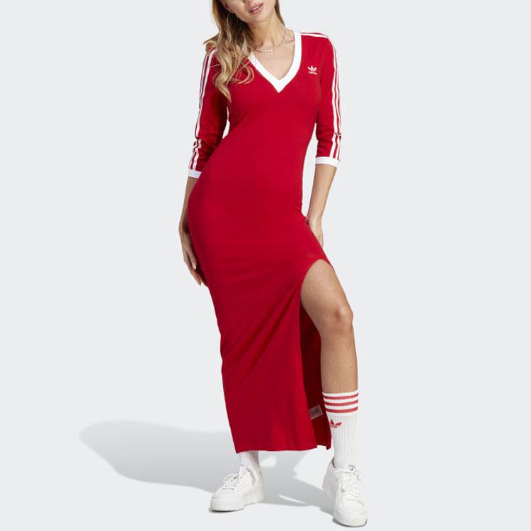 adidas Оригинальное женское платье макси в 3 полоски с v-образным вырезом и рукавами до половины рукавов Adicolor, красное II0750