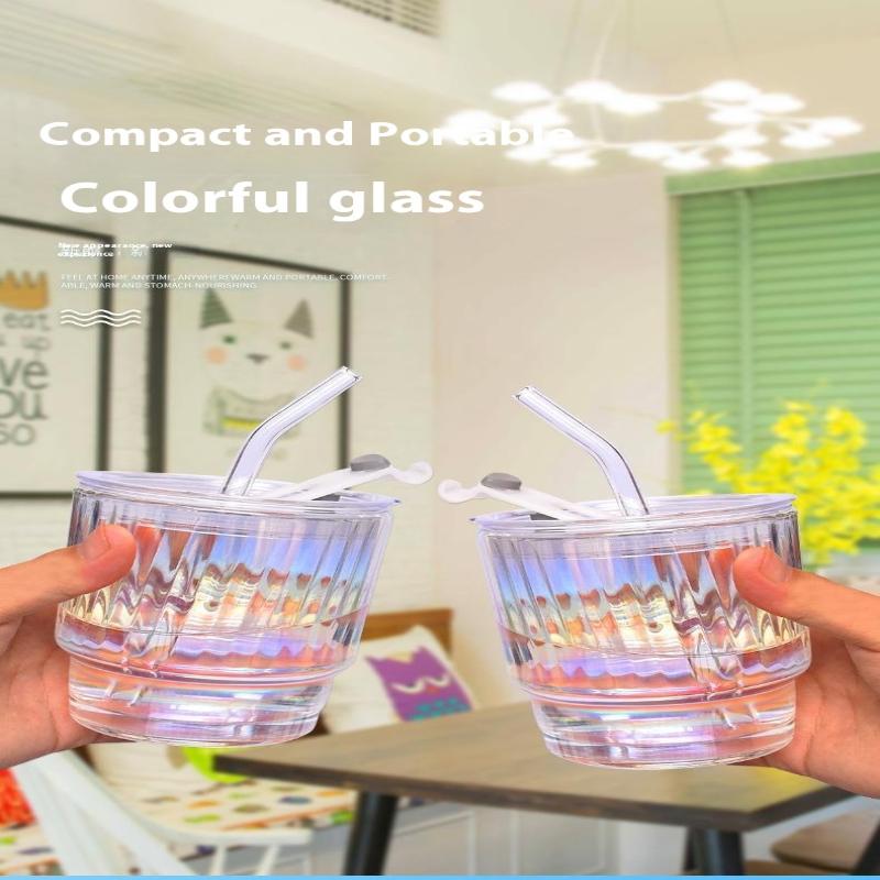 Colourful Coating Glass Cup Portable Household Iced Coffee Juice Drink Mug With Plastic Lid And Glass Straw