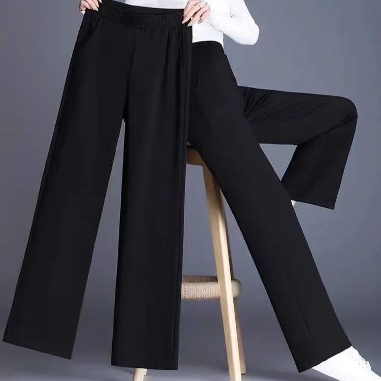 Women's Spring Summer and Autumn Four Seasons Thin Section Nine-minute Trousers Wide Leg Solid Colour with Pockets Trousers