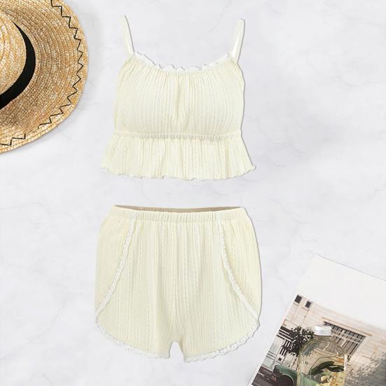 2 шт./компл., женский летний пижамный комплект, без рукавов, на тонких бретельках, кружевной плиссированный жилет, шорты с эластичной резинкой на талии, комплект одежды для сна