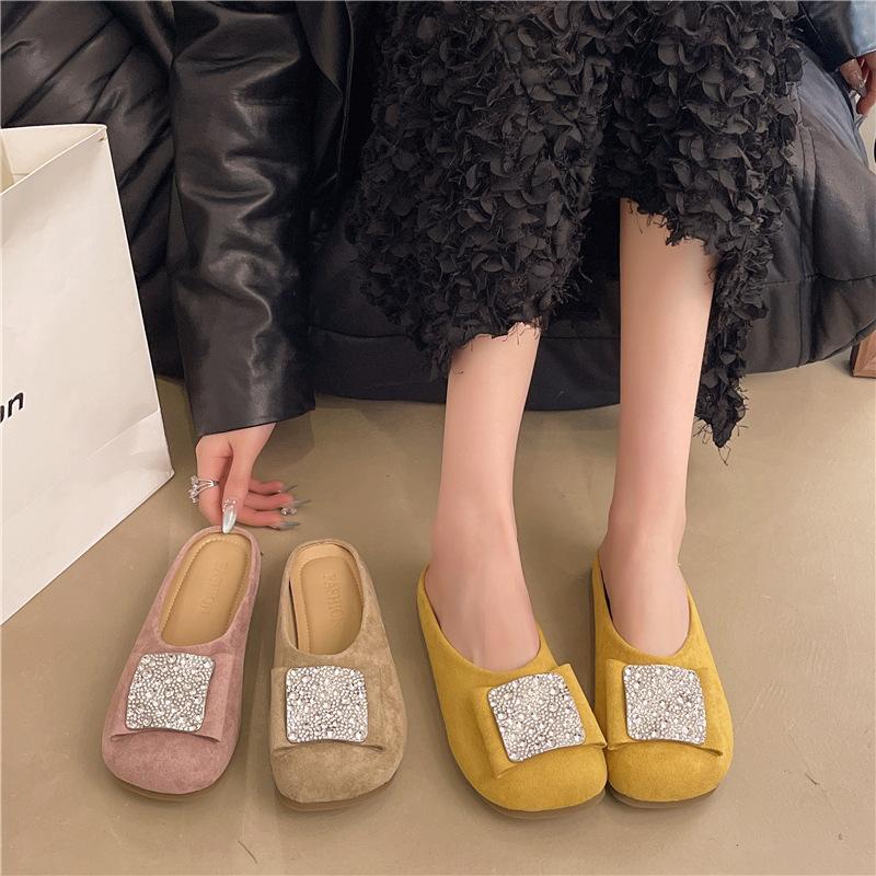 Baotou Half Slippers Women's Outer Wear Summer New One Pedal with Skirt Rhinestone Flat Bottom Sandals