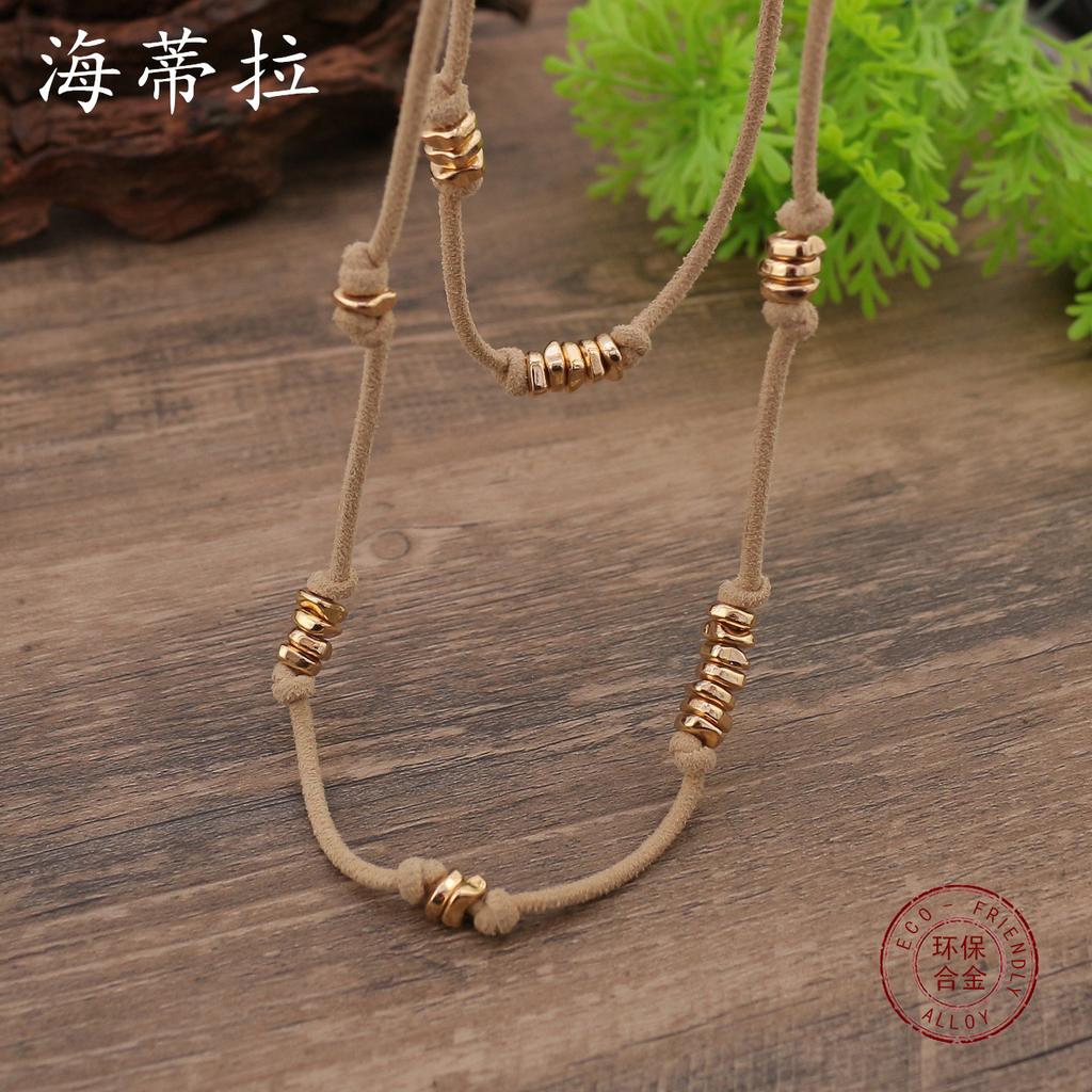 Новое ретро кожаный шнур металлический бисерный кабель длинное ожерелье, женское богемное кожаное ожерелье