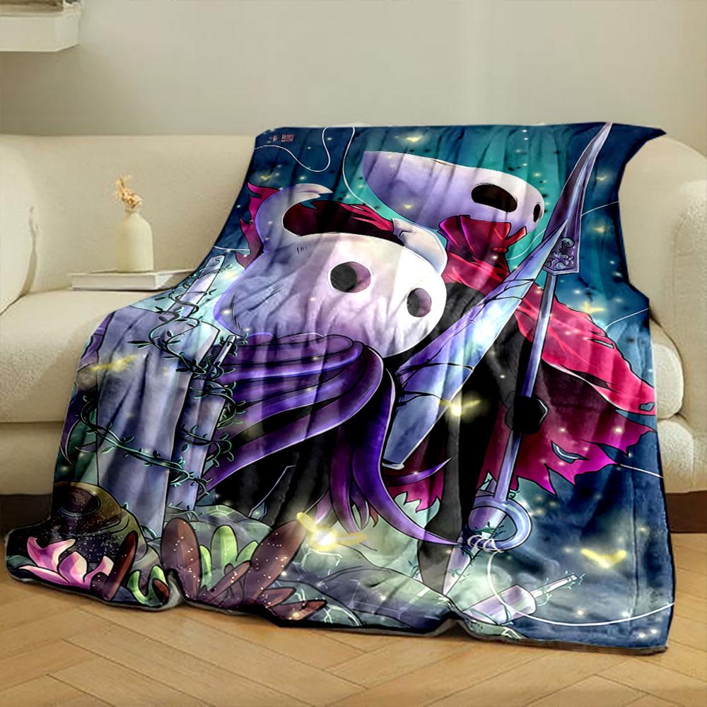 Two stylized characters with white masks, cloaks, and glowing background. for all seasons blanket lunch break throw gift