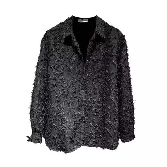 Мужская рубашка с длинным рукавом, однотонная, пушистая, с кисточками, кардиган на пуговицах, средней длины, обычная посадка, уличная, клубная рубашка для повседневной носки, вечеринок, путешествий