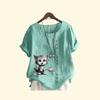 Женская свободная льняная блузка-пуловер, женская повседневная футболка с круглым вырезом и принтом кота, летняя модная футболка с короткими рукавами
