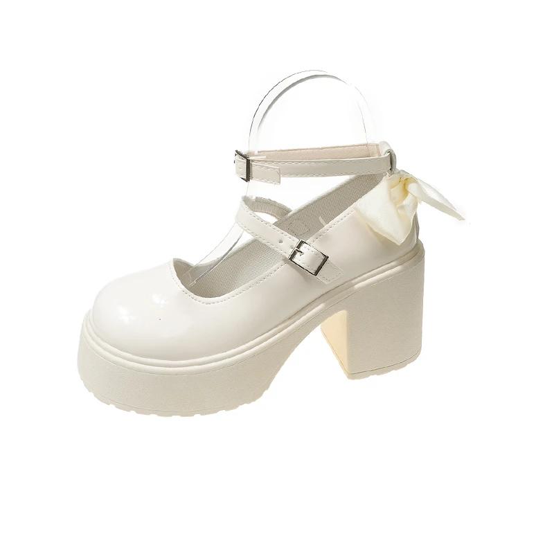 Модные женские туфли Мэри Джейн на толстой подошве, модные лакированные туфли с ремешком на щиколотке и высоким каблуком, женские туфли с бантом, модные и универсальные