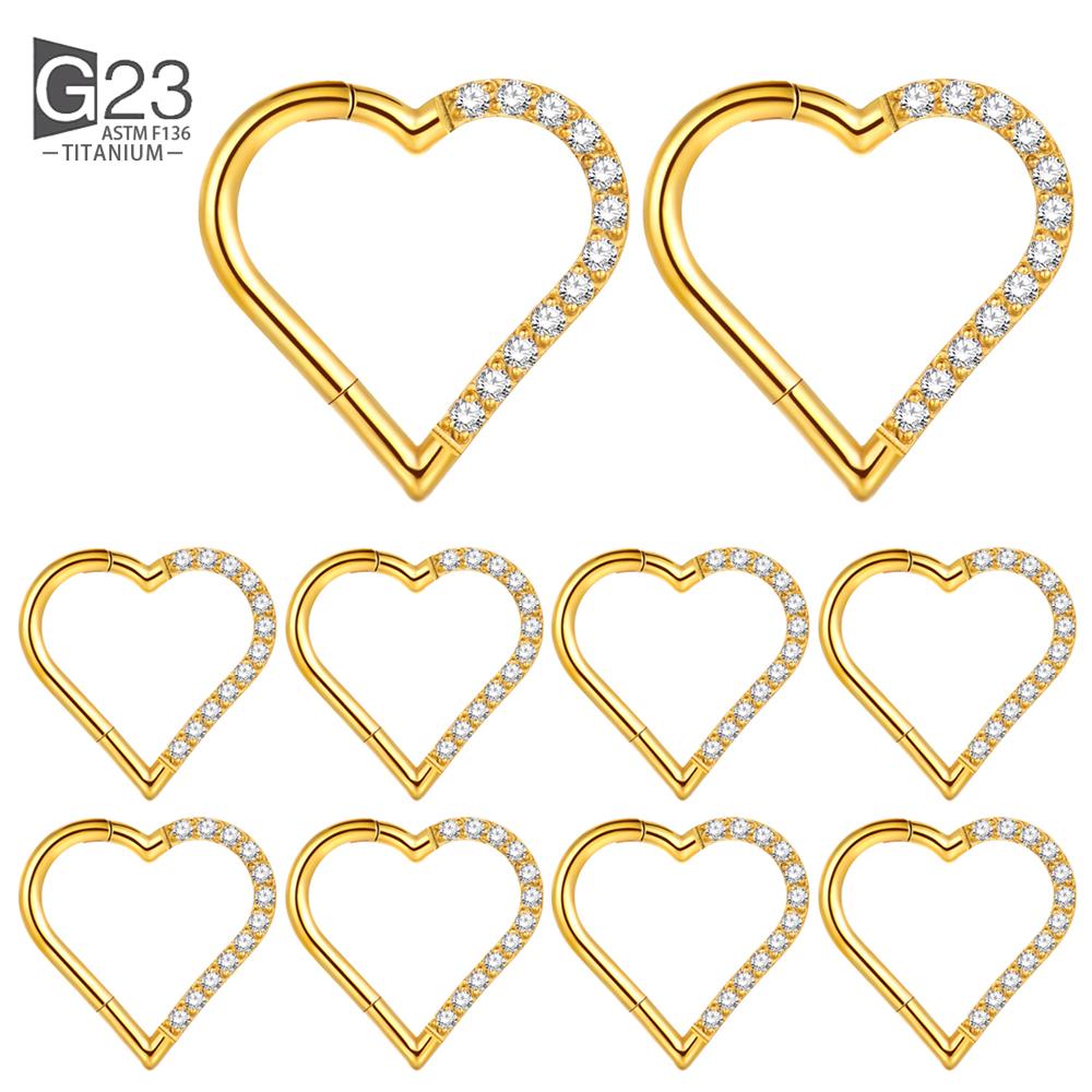 10 шт. Титановое кольцо для пирсинга Дэйт в форме сердца ASTM F136, кольцо-хуп для уха, хряща, трагуса, хеликса, на шарнирном сегменте, с прозрачным кубическим цирконием