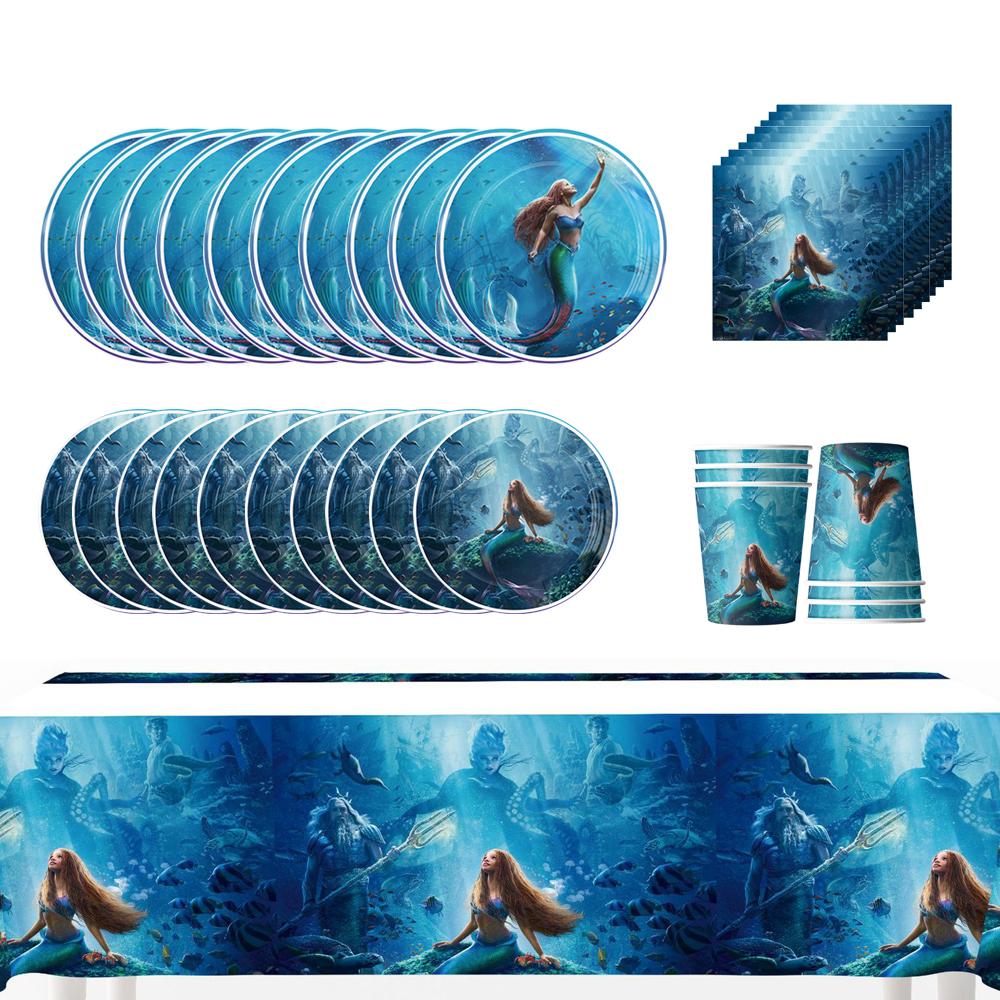 51Pcs Plates, Napkins, Cups & Tablecloth For Little Mermaid Theme Birthday Party