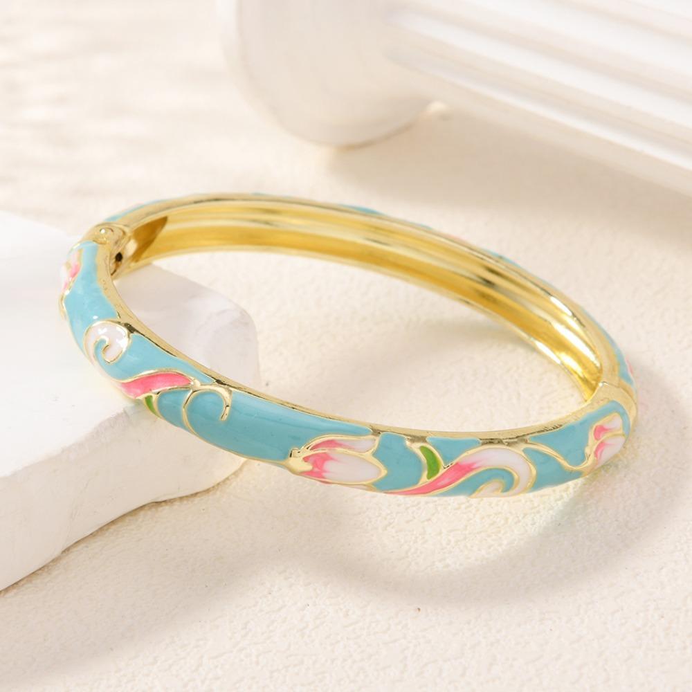 Open Chinese Cloisonne Bracelet Traditional Cheongsam Bracelet Classic Lotus Flower Bangle  Daily