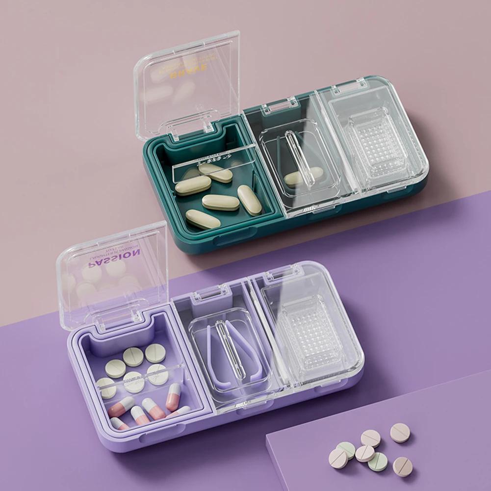 3 In 1 Pill Cutter Splitter Tiny or Small Large Pills Crusher Grinder with Powder Brush Grind Tablets Pill Carrier for Storage