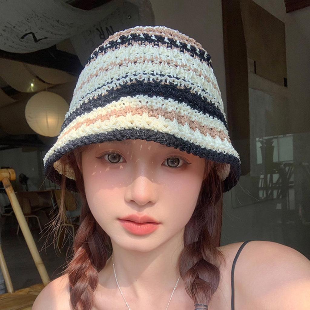 Summer Sunproof Crochet Bucket Hat Ladies Spring Commute Camping Fisherman Cap with Stripe Pattern for Girlfriend