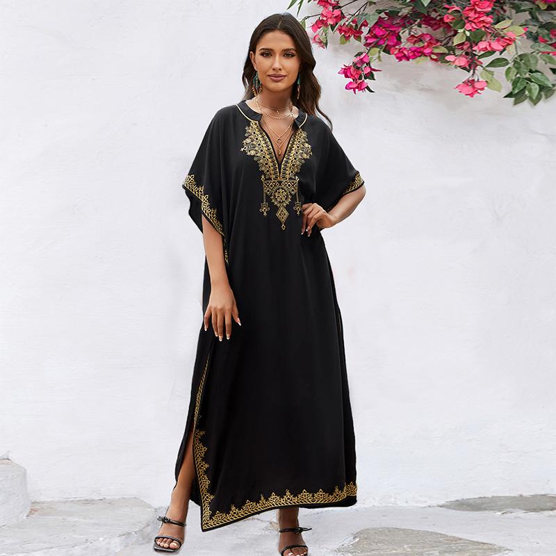 EDOLYNSA Sexy Kaftan Dress Women Plus Size Beach Wear 2023 Bohemian Tie Dye Striped Bikini Cover-ups Long Tunic Swim Suit Cover Up Q1517