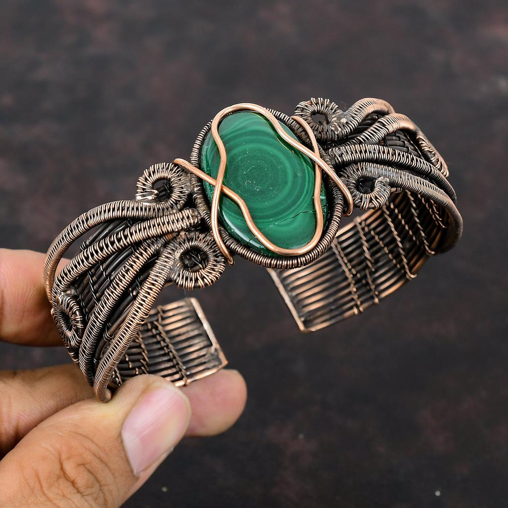 Малахитовый браслет-манжета, браслет-бенгл, обмотанный медной проволокой, украшения ручной работы, регулируемый браслет-бенгл, браслет-манжета с драгоценным камнем, украшения из античной меди для подарка