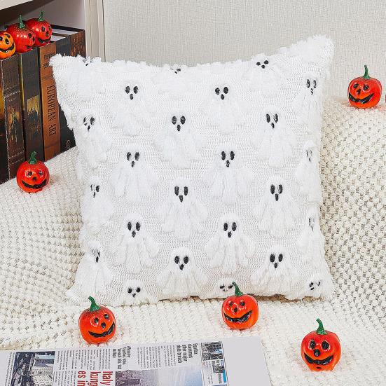 Halloween Decorative Pillow Cover Soft Plush Throw Cushion Case with 3D Embroidered Ghost Pumpkin Design for Couch Sofa Bedroom