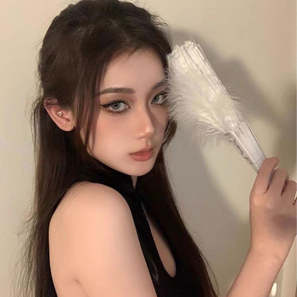 Складной веер ханьфу чонсам в китайском стиле, черное перо, антикварный веер, новый китайский танцевальный веер, рождественское украшение