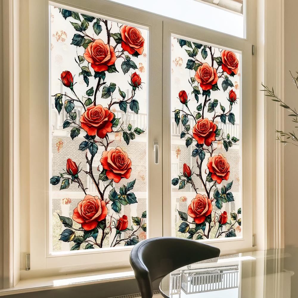 Painted Rose Flower Balcony Glass Window Beautification and Decoration Static Electricity Window Stickers