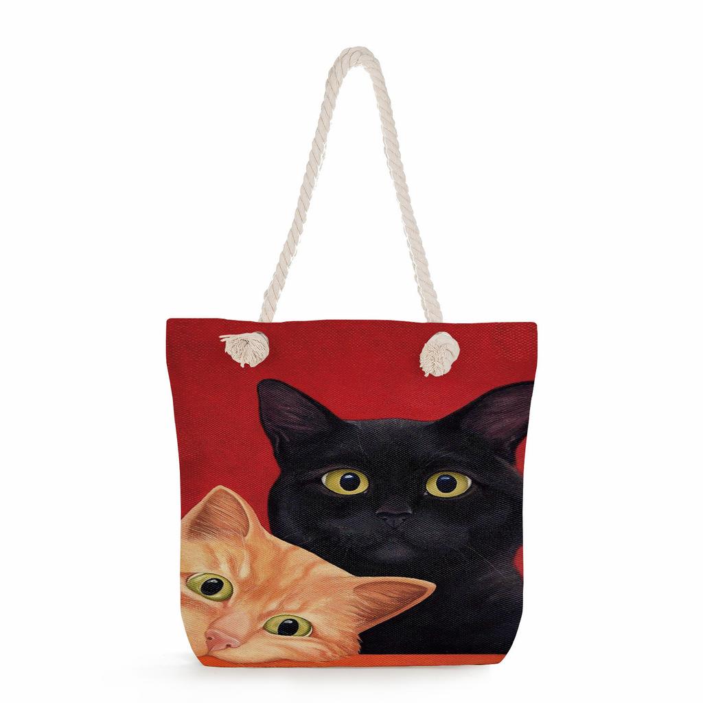Cat print thick rope single-shoulder beach bag 7215 KTB