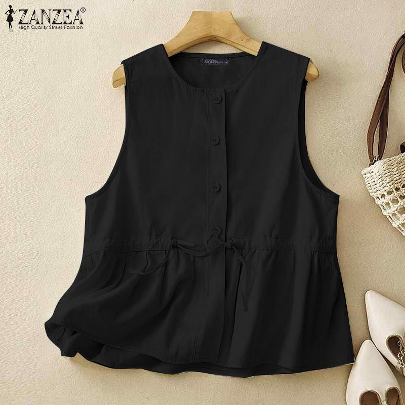 ZANZEA Женские летние рубашки с круглым вырезом без рукавов на завязках