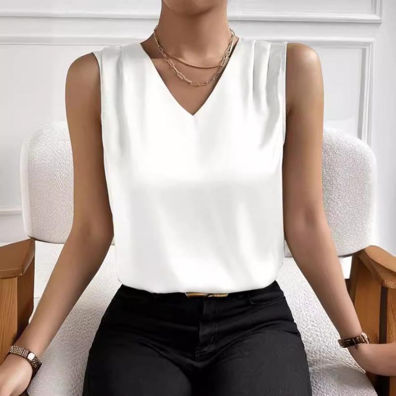Women's Elegant Chic V-neck Vest for Summer Vacation Solid Color Versatile Sleeveless Shirt for Women Blouses & Shirts