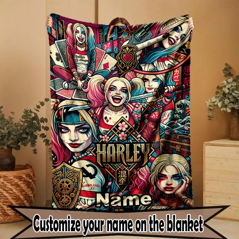 Custom Name Personalized Harley Quinn Print Blanket, Home Decor, Bedroom, Sofa, Camping, Couch, Gifts for Birthday Christmas